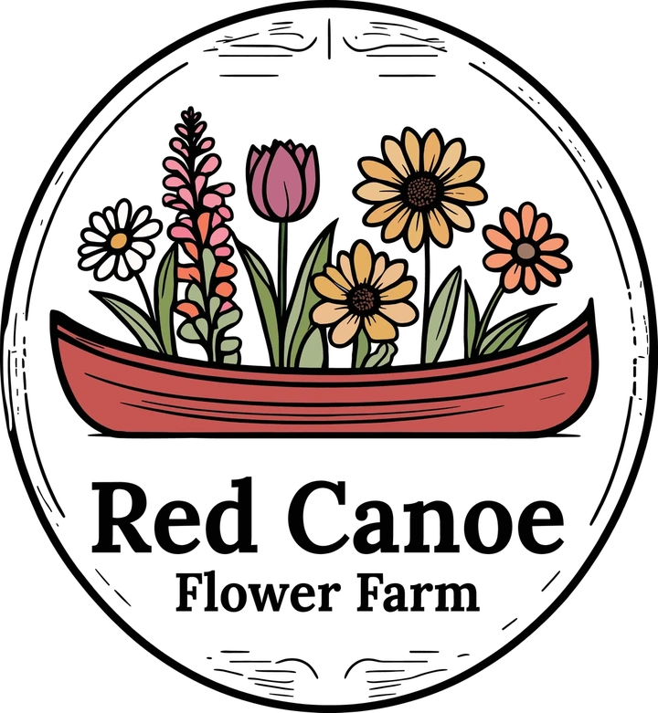 Red Canoe Flower Farm logo: a red canoe filled with daisies, a tulip, snapdragons and sunflowers